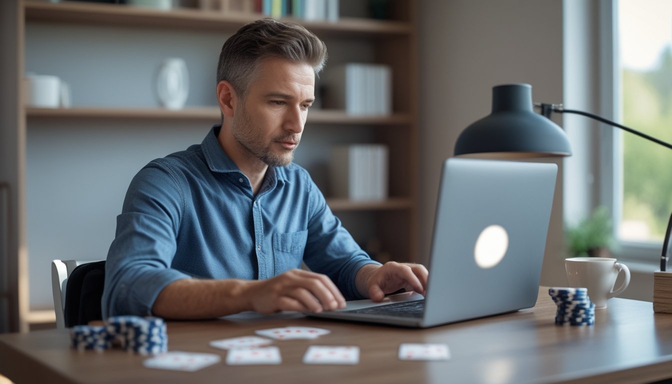 Seorang pria dewasa fokus bermain poker online di depan laptop di ruang kerja rumah yang rapi dengan chip poker dan kartu di meja.