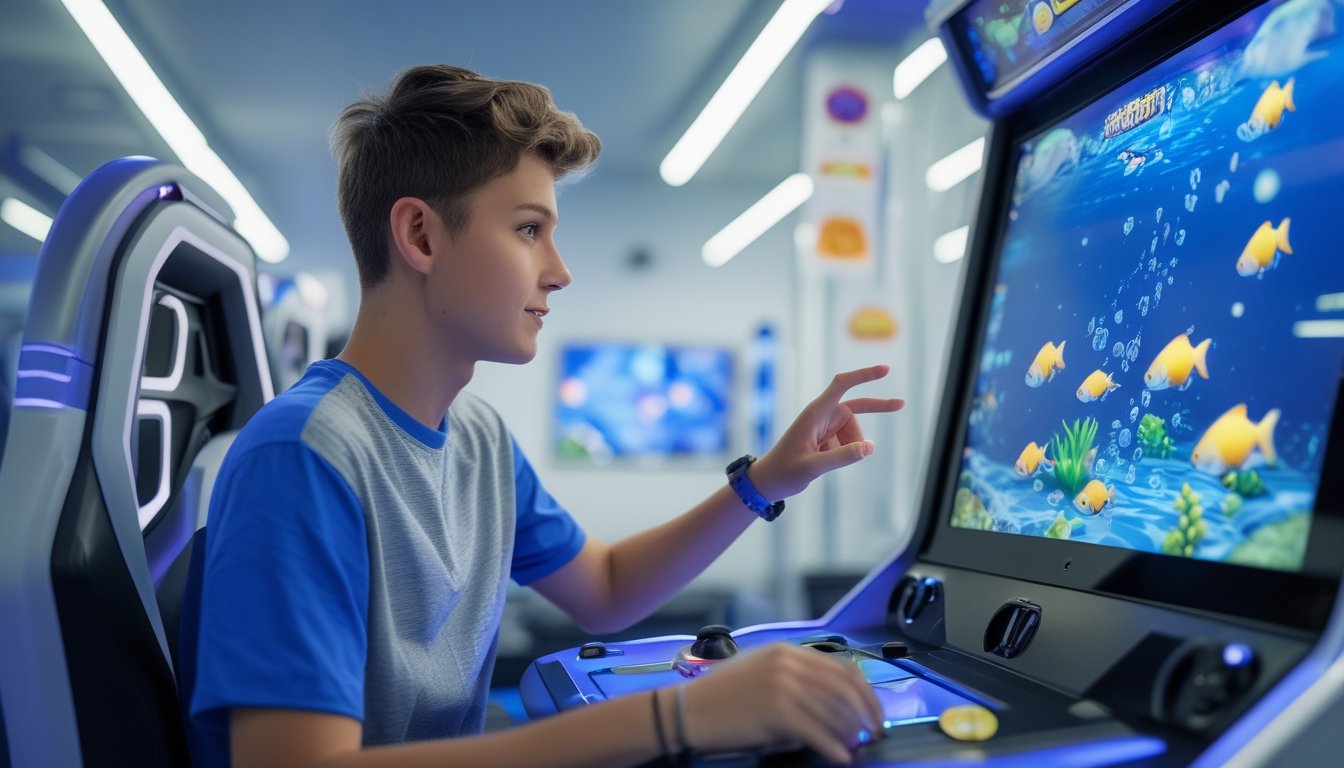Seseorang sedang bermain game tembak ikan di mesin arcade dengan layar sentuh di sebuah ruangan permainan yang terang dan berwarna-warni.