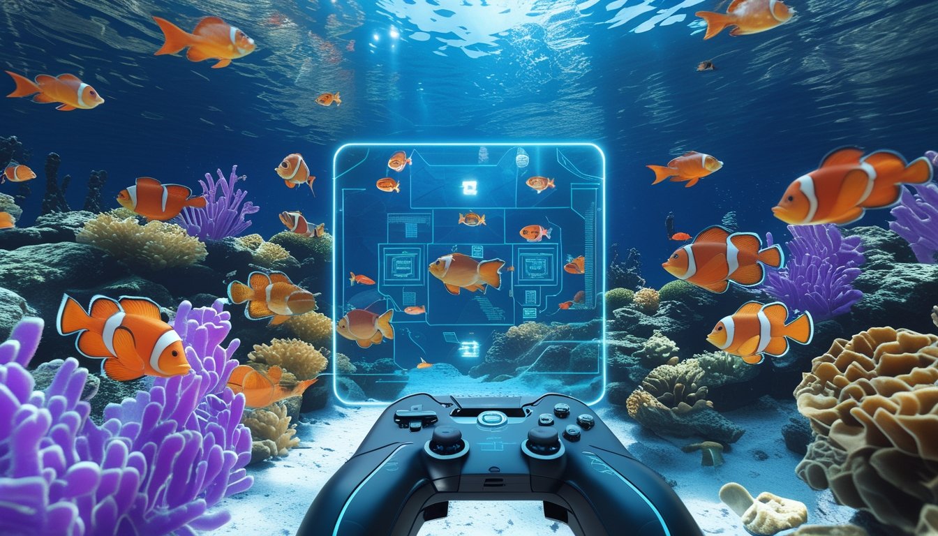 Pemandangan bawah laut dengan berbagai ikan berwarna-warni dan antarmuka permainan digital yang menampilkan pemain sedang menembak ikan.