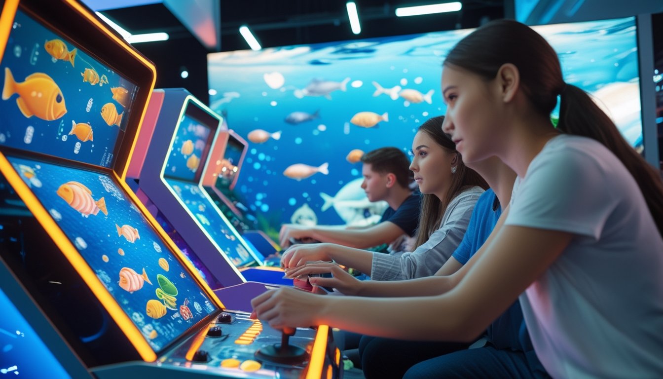 Beberapa orang muda sedang bermain mesin game tembak ikan modern di arcade dengan layar besar dan lampu warna-warni.