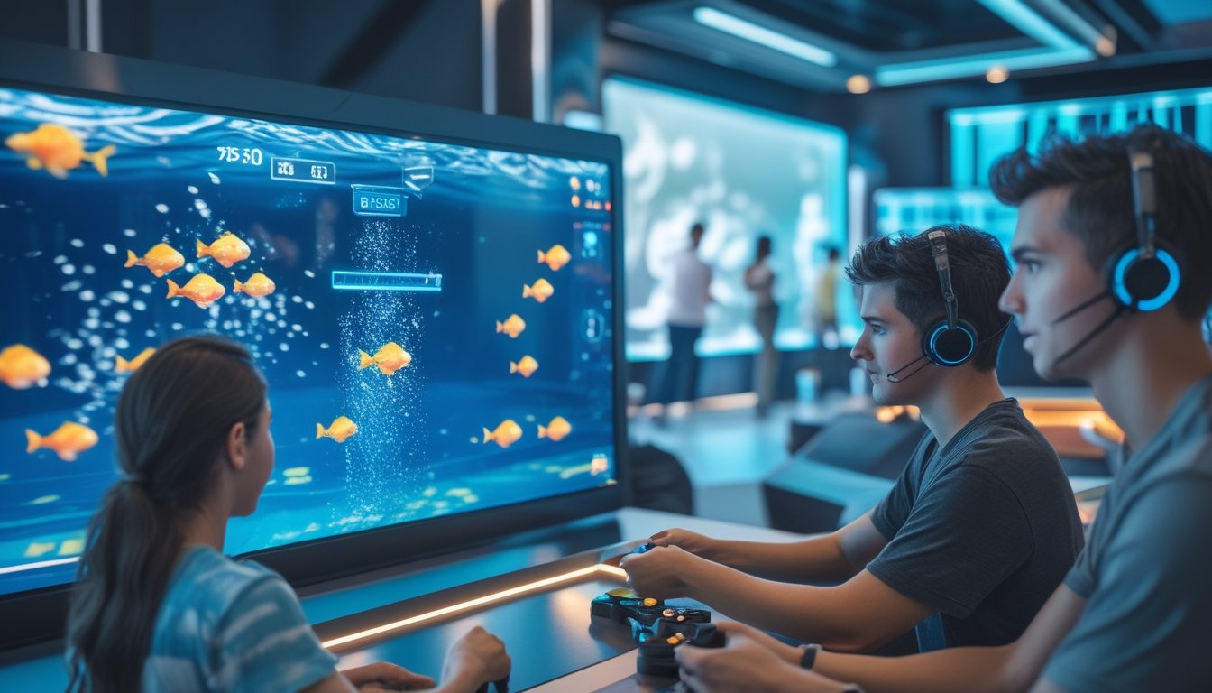 Sekelompok orang muda sedang bermain permainan tembak ikan modern dengan layar besar yang menampilkan ikan berwarna-warni di suasana ruang permainan yang terang dan futuristik.