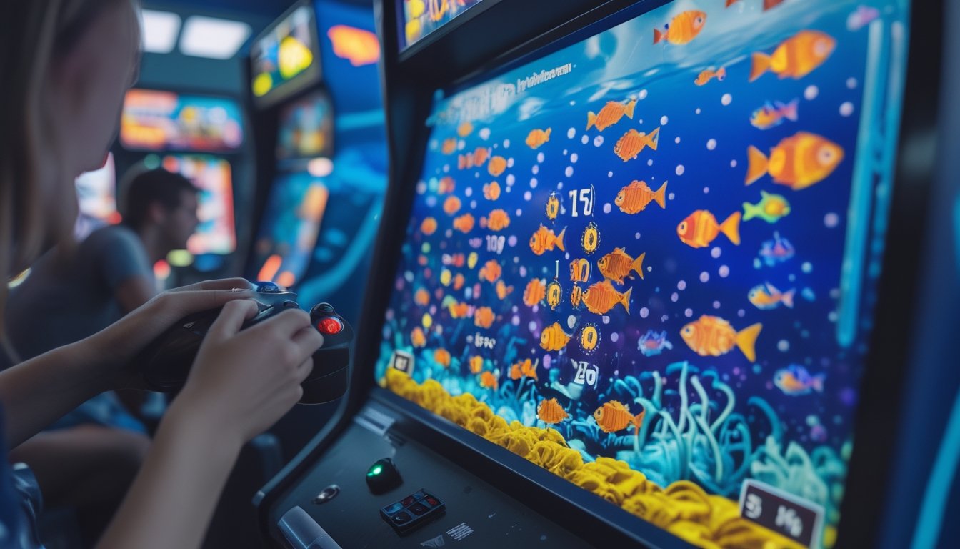 Seorang pemain sedang memainkan permainan tembak ikan dengan layar penuh ikan berwarna-warni dan indikator poin di latar belakang arcade permainan.