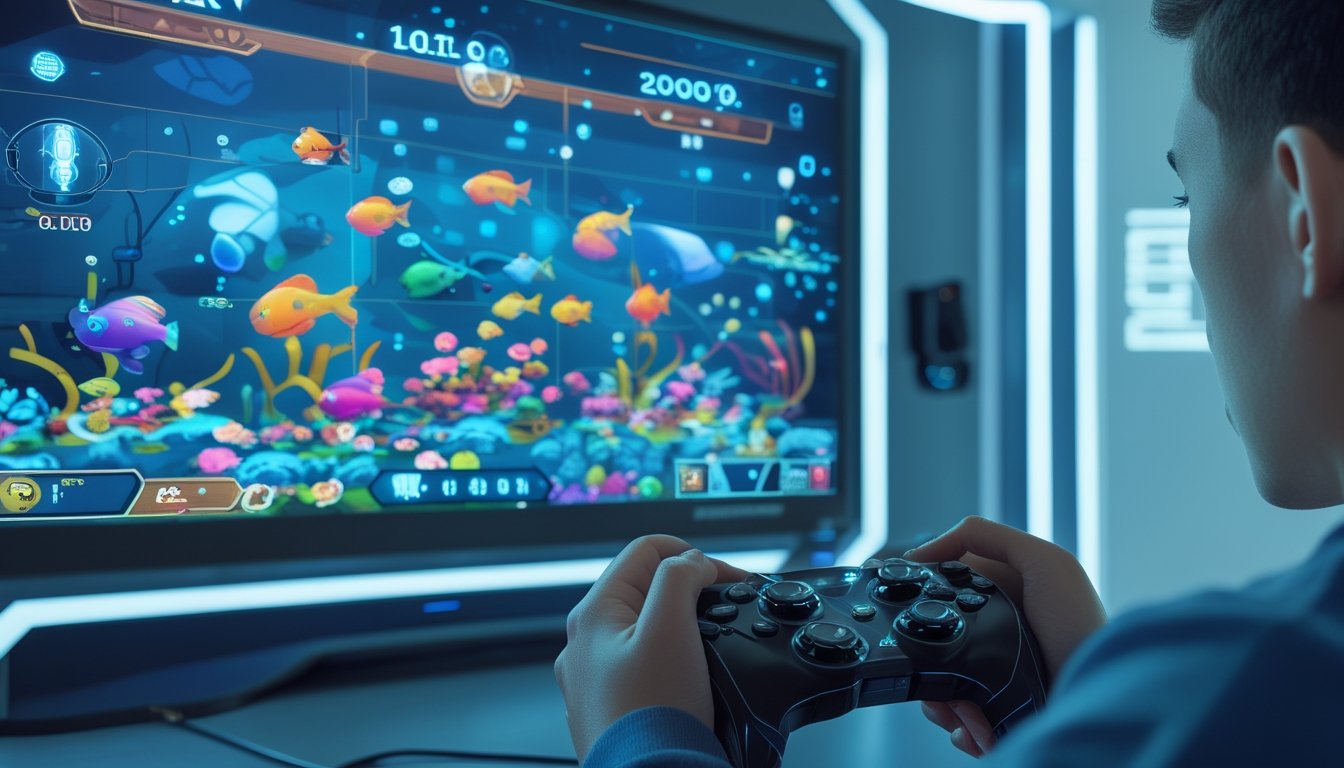 Seorang pemain muda sedang bermain game tembak ikan dengan layar berwarna-warni dan berbagai ikan animasi di latar belakang.