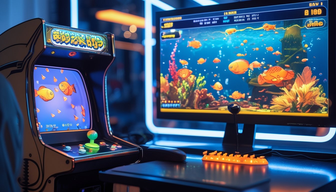 Sebuah foto yang menampilkan mesin arcade klasik dan layar komputer modern yang menunjukkan permainan tembak ikan, menggambarkan perkembangan dari arcade ke digital.