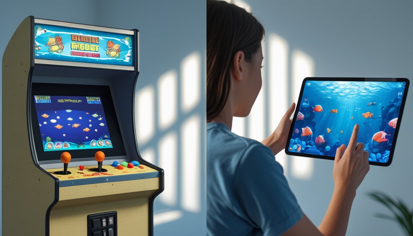 Gambaran perkembangan permainan tembak ikan dari mesin arcade klasik ke perangkat digital modern.