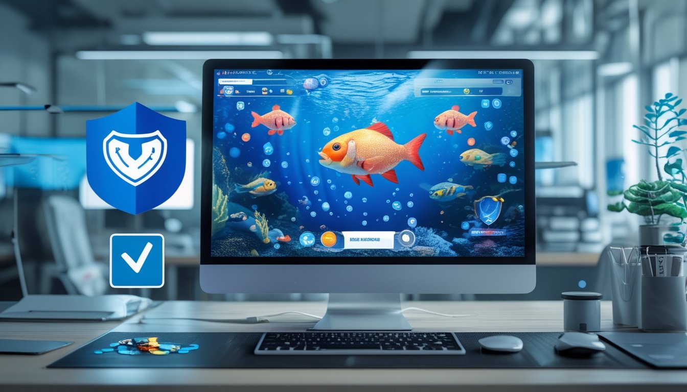 Sebuah ruang kerja modern dengan komputer yang menampilkan permainan menembak ikan bertema bawah laut, dikelilingi simbol keamanan seperti gembok dan ikon perisai.