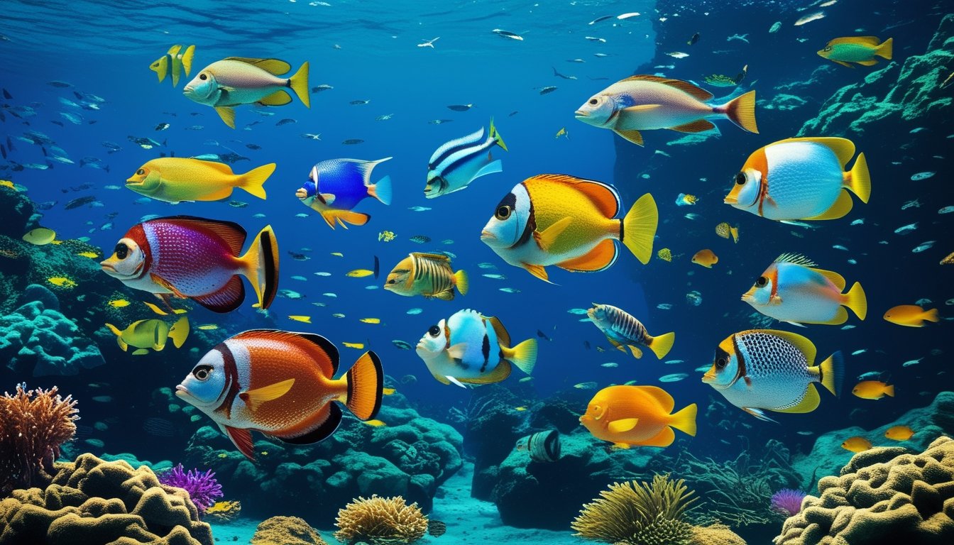 Berbagai jenis ikan berwarna-warni berenang di bawah air dengan terumbu karang dan tanaman air di latar belakang.