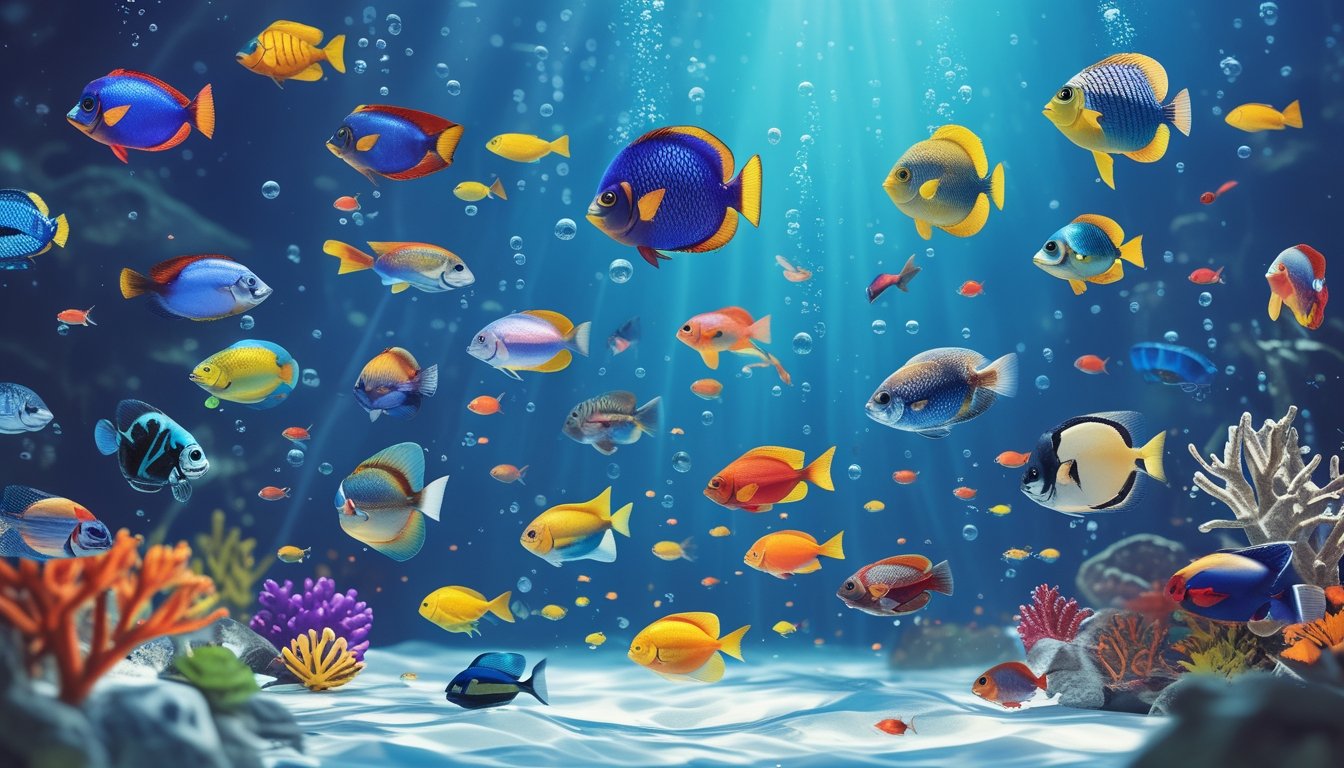 Berbagai jenis ikan berwarna-warni berenang di dalam air biru jernih dengan latar terumbu karang dan gelembung.