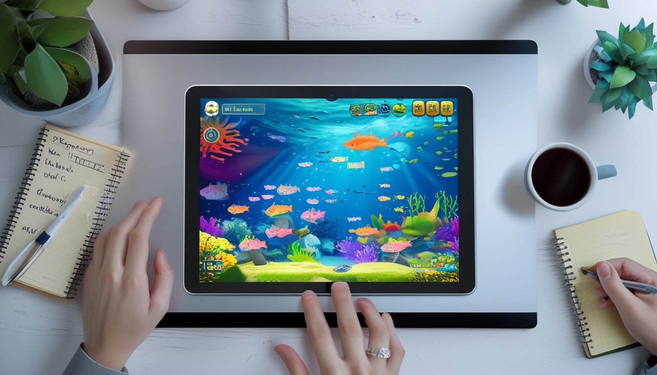 Pemandangan atas meja dengan perangkat digital menampilkan permainan tembak ikan dan alat tulis di sekitarnya.