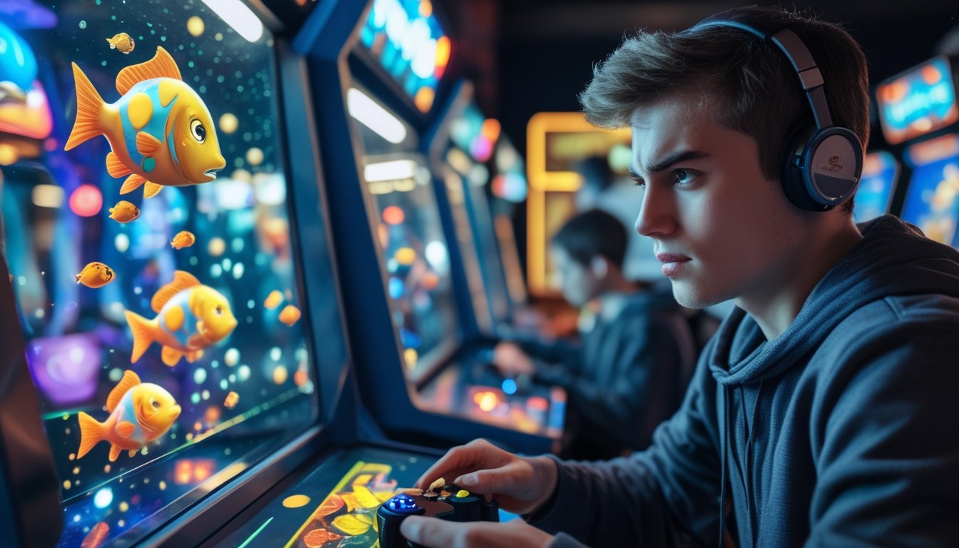 Seorang pemain muda sedang bermain game tembak ikan di arcade dengan ekspresi fokus dan sedikit frustrasi.