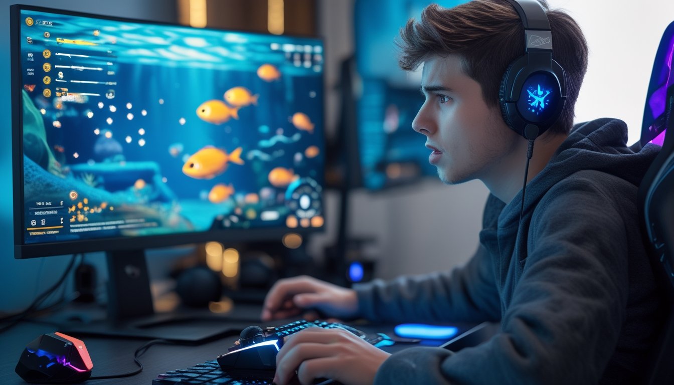 Seorang pemain muda sedang bermain game tembak ikan di depan komputer dengan ekspresi frustrasi.
