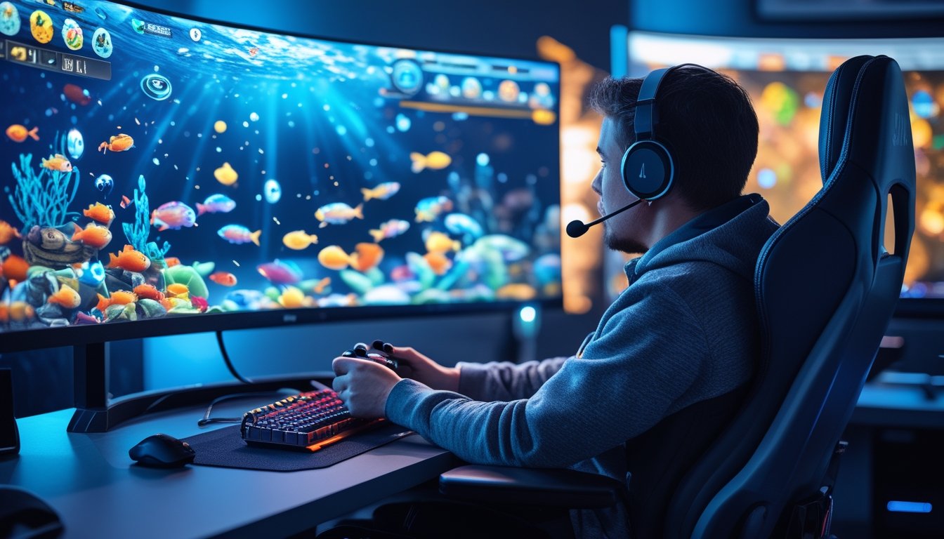 Seorang pemain sedang bermain permainan tembak ikan online di depan layar komputer dengan latar ruangan gaming yang modern.