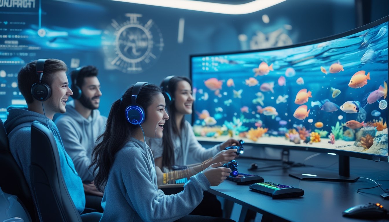 Sekelompok orang muda bermain permainan tembak ikan online di ruangan dengan layar besar menampilkan ikan berwarna-warni di bawah laut.