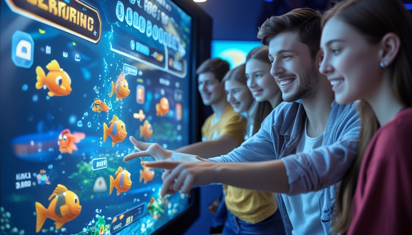 Sekelompok orang muda sedang bermain game menembak ikan di layar sentuh besar dengan grafis bawah laut yang berwarna-warni.