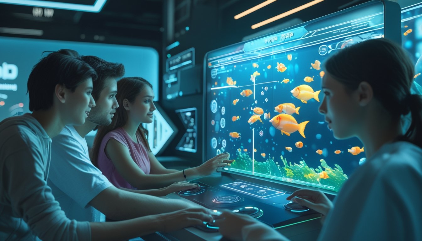 Sekelompok orang muda bermain game tembak ikan dengan latar belakang layar berwarna-warni dan suasana futuristik.