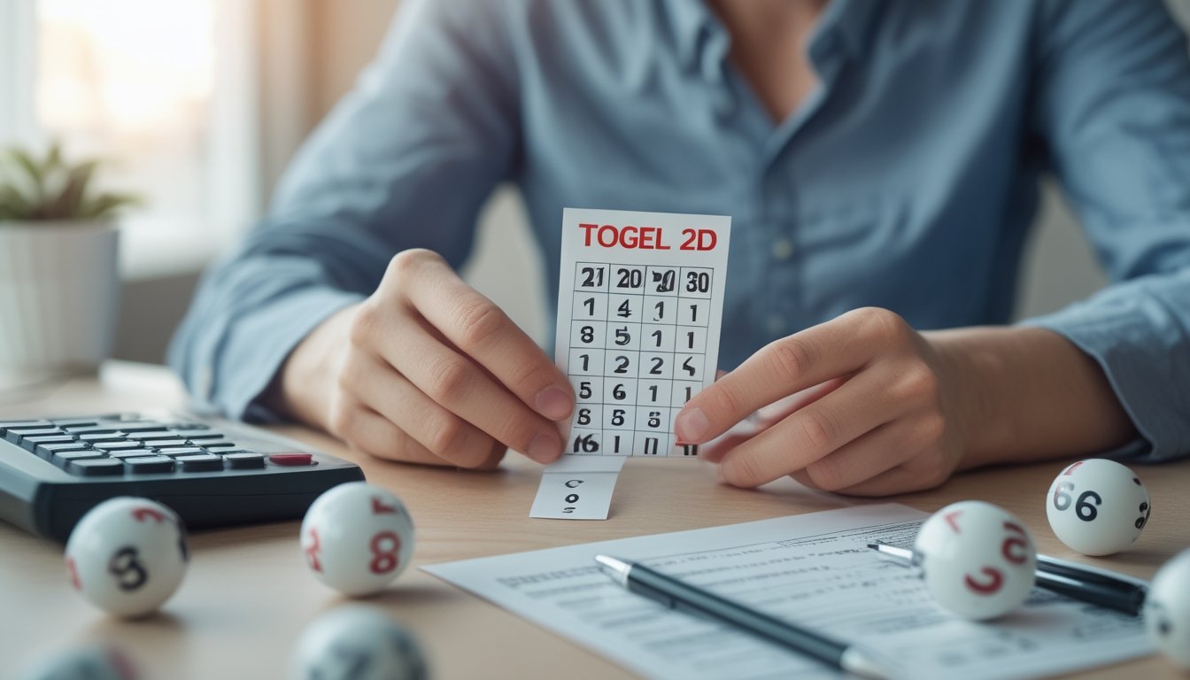 Tangan seseorang memegang tiket lotre dengan angka, di atas meja terdapat kalkulator, pulpen, dan bola lotre dengan angka, menggambarkan permainan togel dan risikonya.