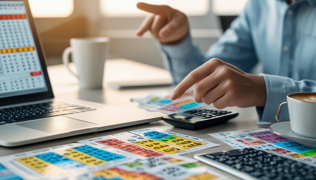 Seorang pria duduk di meja kerja dengan tiket lotere dan grafik angka, sedang menganalisis perbedaan jenis togel 2D, 3D, dan 4D.