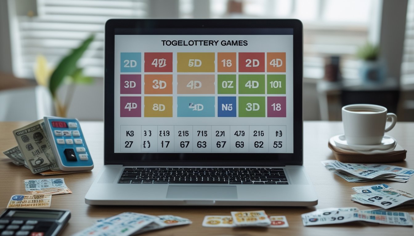 Meja kerja dengan laptop yang menampilkan grafik dan angka togel, tiket togel, kalkulator, dan secangkir kopi.