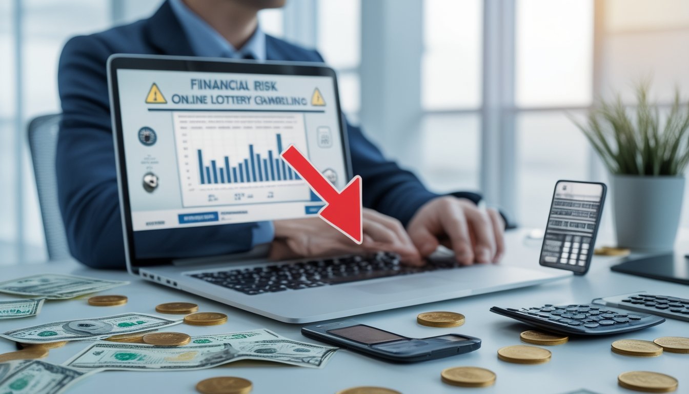 Seseorang duduk di meja kerja dengan laptop dan alat hitung, terlihat serius memikirkan risiko keuangan terkait permainan togel online.