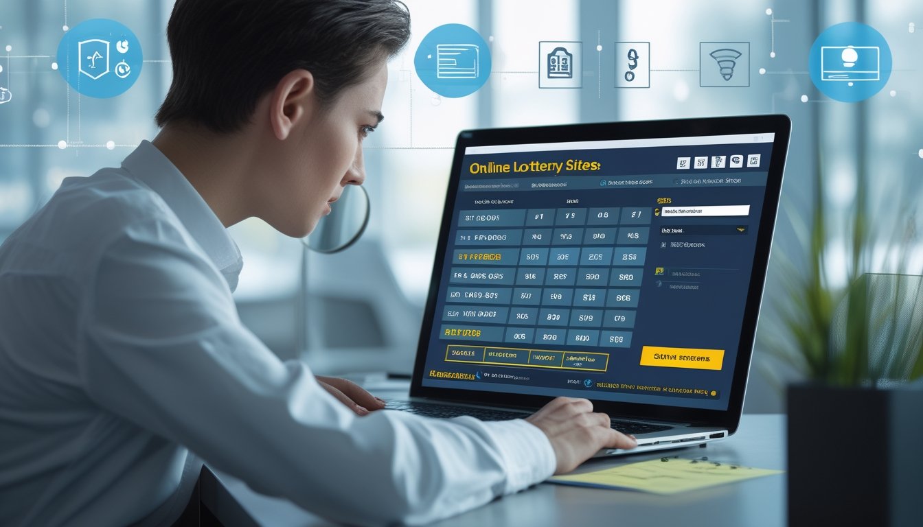 Seseorang duduk di meja dengan laptop, terlihat serius memeriksa situs togel online dengan alat bantu seperti kaca pembesar dan daftar periksa.