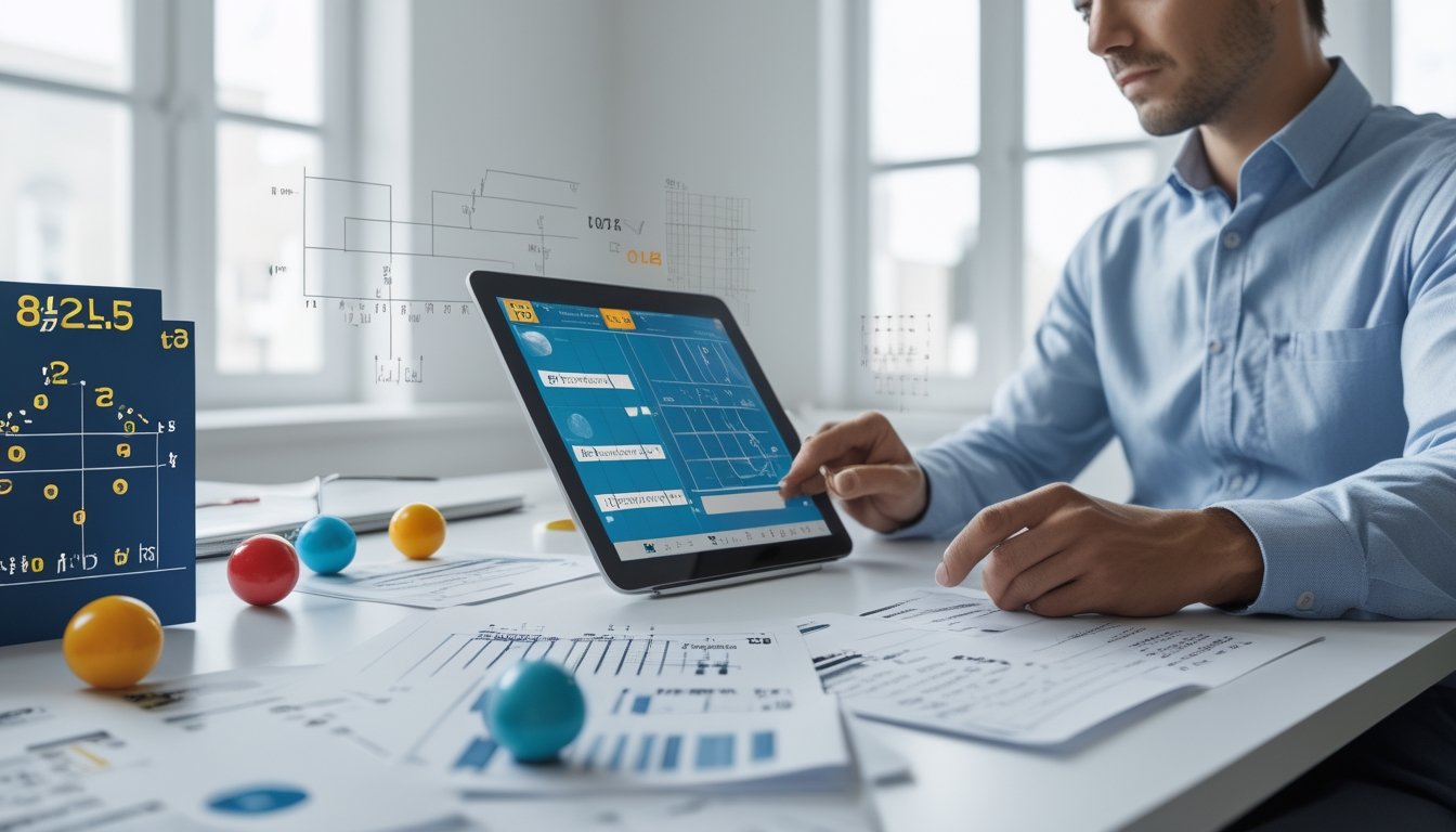 Seorang pria sedang menganalisis rumus matematika dan grafik peluang dengan bola togel dan kertas di atas meja kerja.