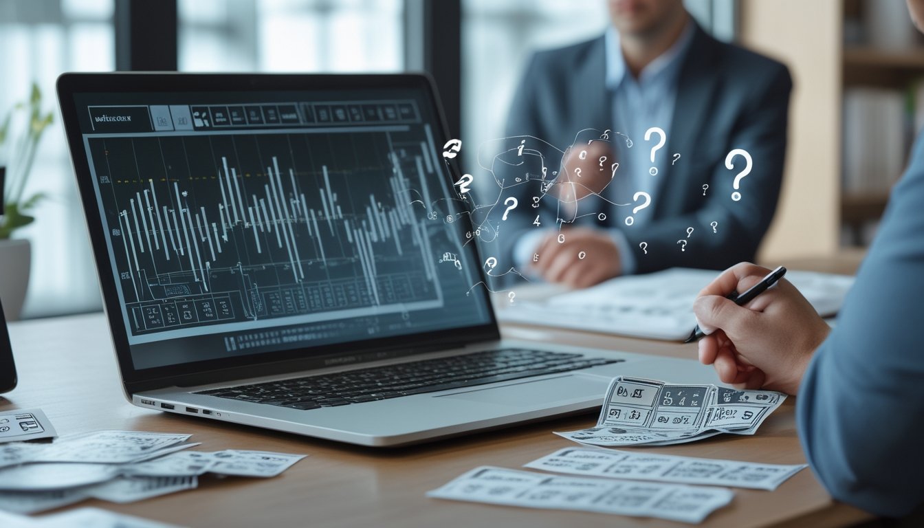 Seseorang sedang menganalisis data angka togel 2D di meja kantor dengan tiket togel dan laptop terbuka.