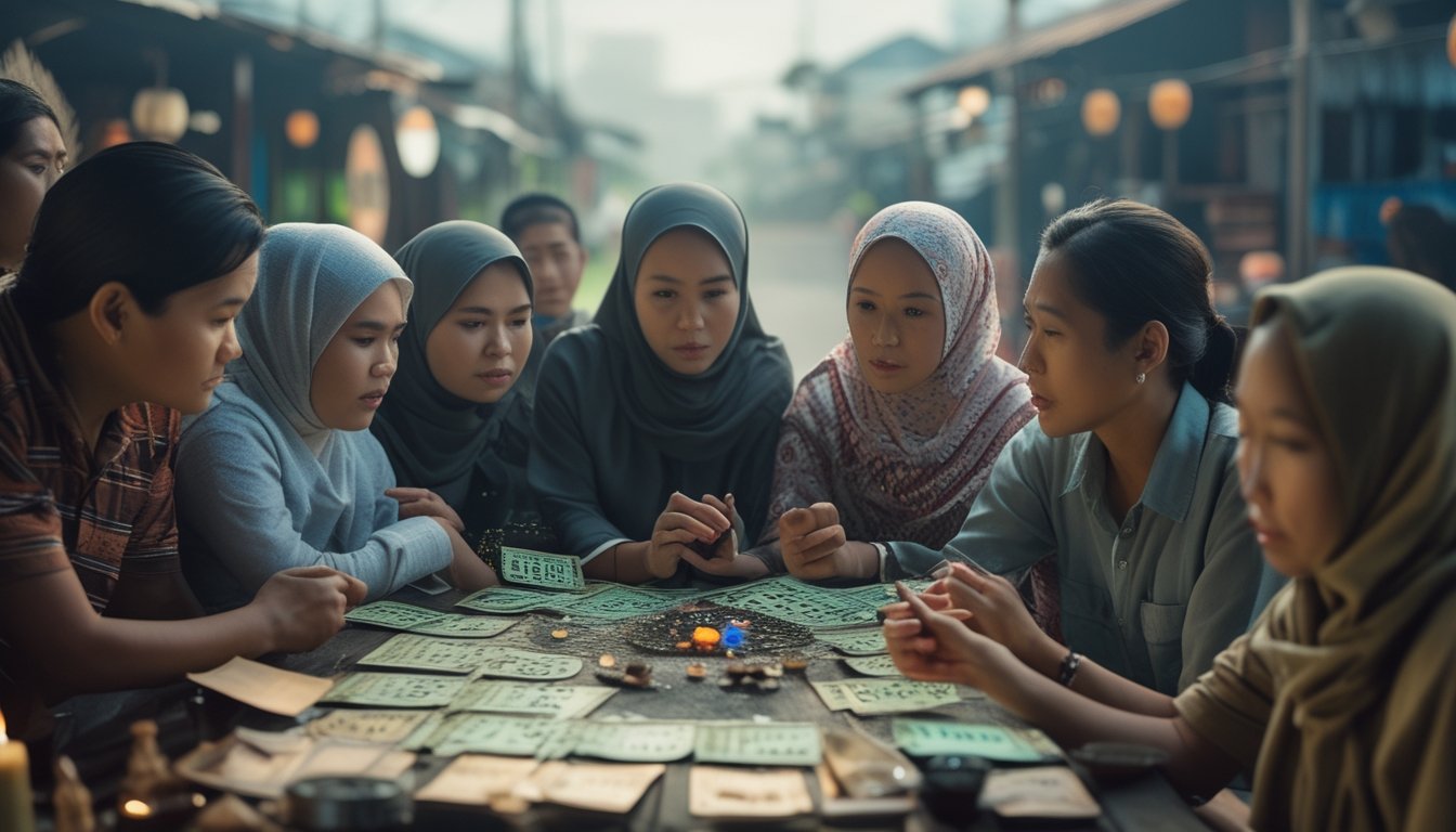Sekelompok orang Indonesia berkumpul di sekitar meja dengan benda-benda tradisional dan tiket lotre, sedang berdiskusi dengan serius.