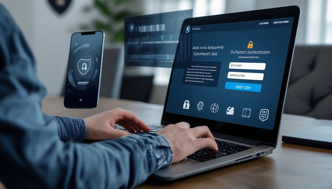 Seseorang menggunakan laptop di ruang kerja dengan layar menampilkan halaman login aman dan ponsel dengan aplikasi autentikasi dua faktor di sampingnya.