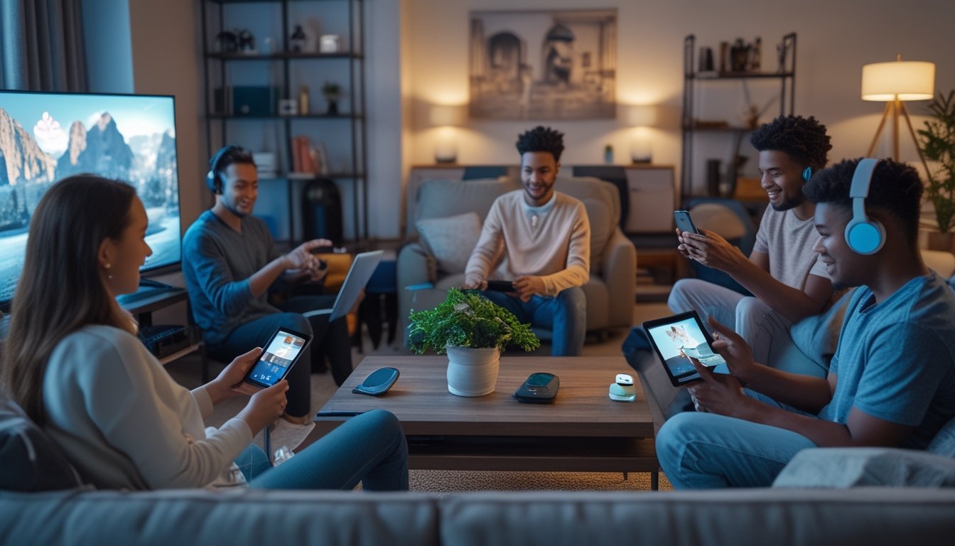 Sekelompok orang muda sedang menikmati berbagai hiburan digital di ruang tamu yang nyaman, seperti bermain video game, menonton film, dan mendengarkan musik.