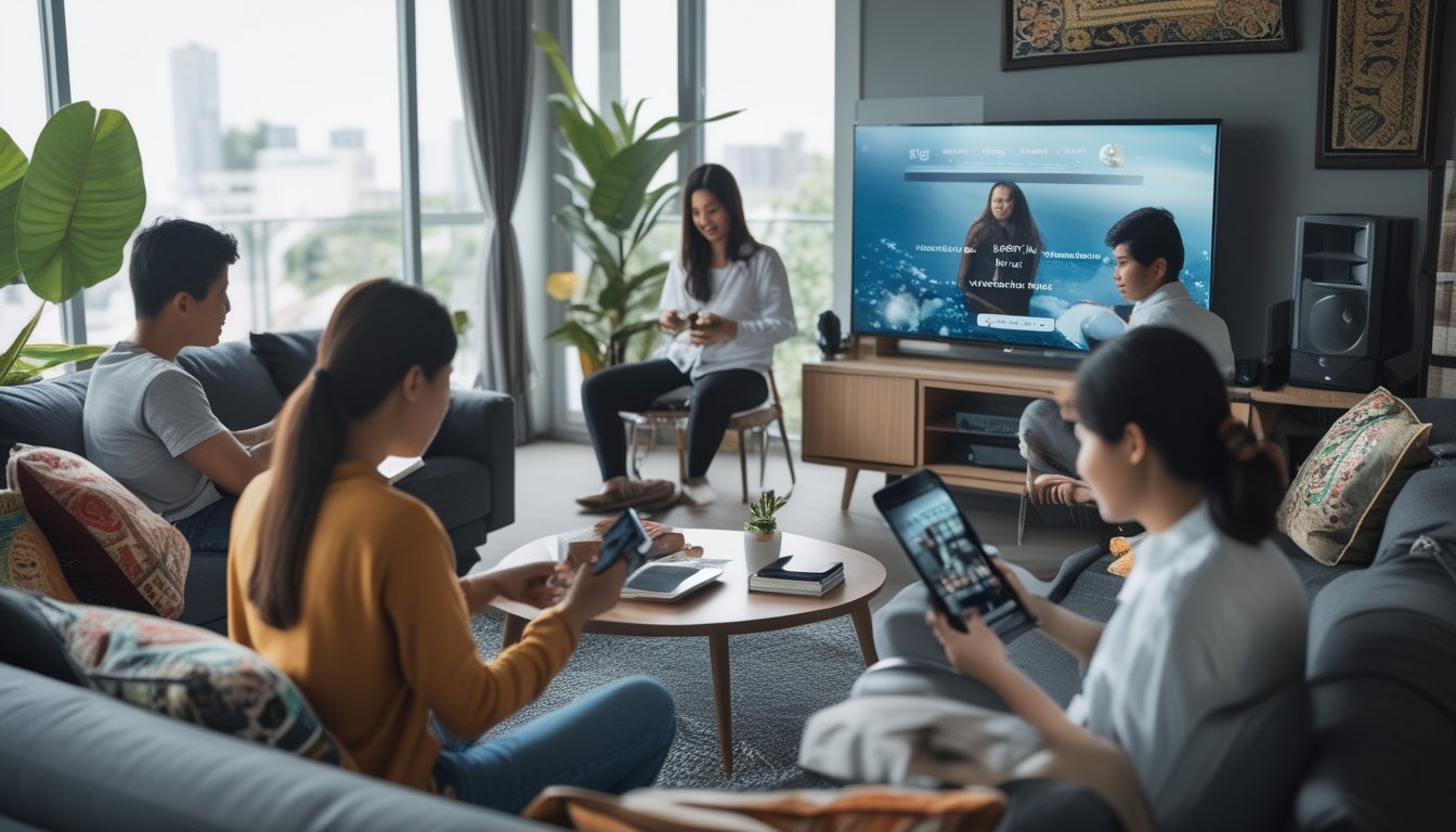 Sekelompok orang muda Indonesia sedang menikmati berbagai hiburan digital di ruang tamu modern, seperti menonton film, memutar musik, dan menggunakan tablet.