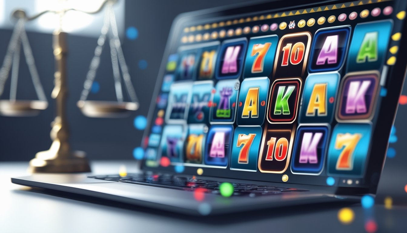 Sebuah perangkat digital menampilkan permainan slot online dengan gulungan warna-warni yang berputar, dikelilingi oleh simbol peringatan dan latar belakang yang bersih.