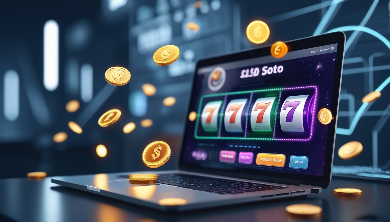 Seseorang menggunakan komputer dengan tampilan permainan slot online berwarna-warni di layar, dikelilingi ikon koin dan simbol digital.