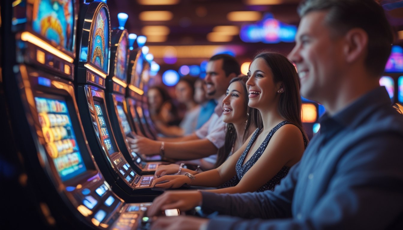Orang-orang bermain mesin slot yang berwarna-warni di dalam kasino dengan suasana yang hidup dan penuh semangat.