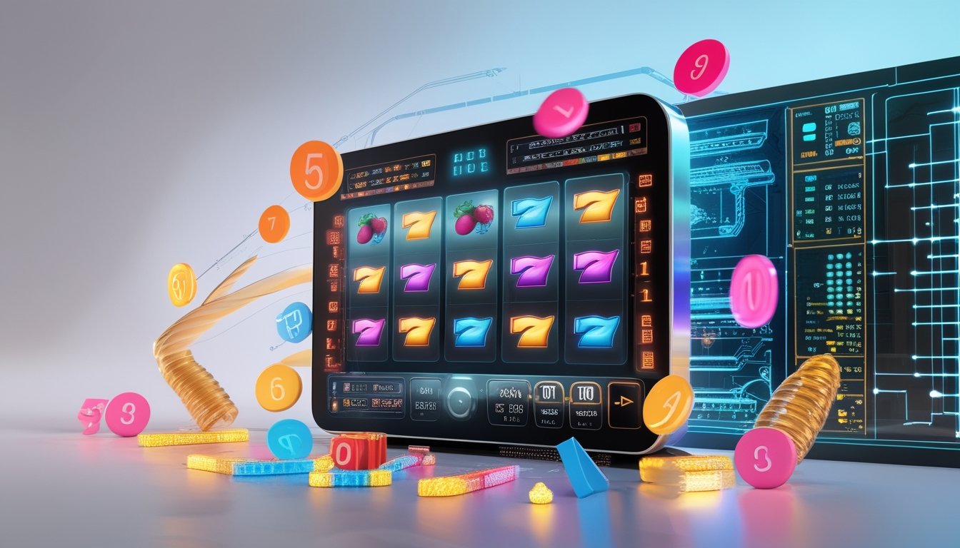 Layar perangkat digital menampilkan mesin slot dengan gulungan berputar dan angka acak mengambang di latar belakang teknologi.