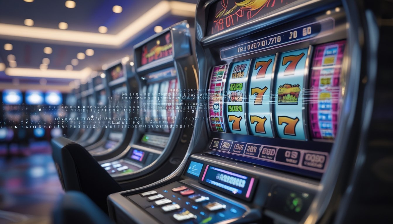 Mesin slot digital dengan gulungan berwarna-warni dan grafik angka acak yang mengalir, menggambarkan cara kerja generator angka acak dalam permainan slot.