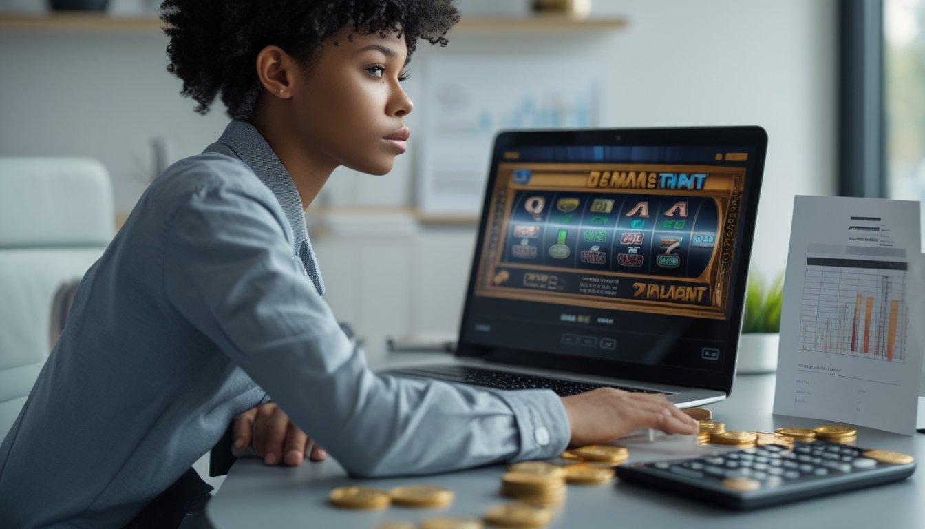 Seorang dewasa muda duduk di meja dengan laptop menampilkan permainan slot online, dikelilingi oleh alat keuangan seperti kalkulator, koin, dan kartu kredit.