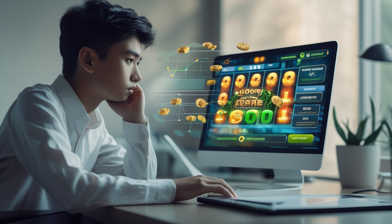 Seorang dewasa muda duduk di meja dengan laptop yang menampilkan permainan slot online, dikelilingi oleh simbol koin digital dan grafik keuangan yang melambangkan risiko finansial.