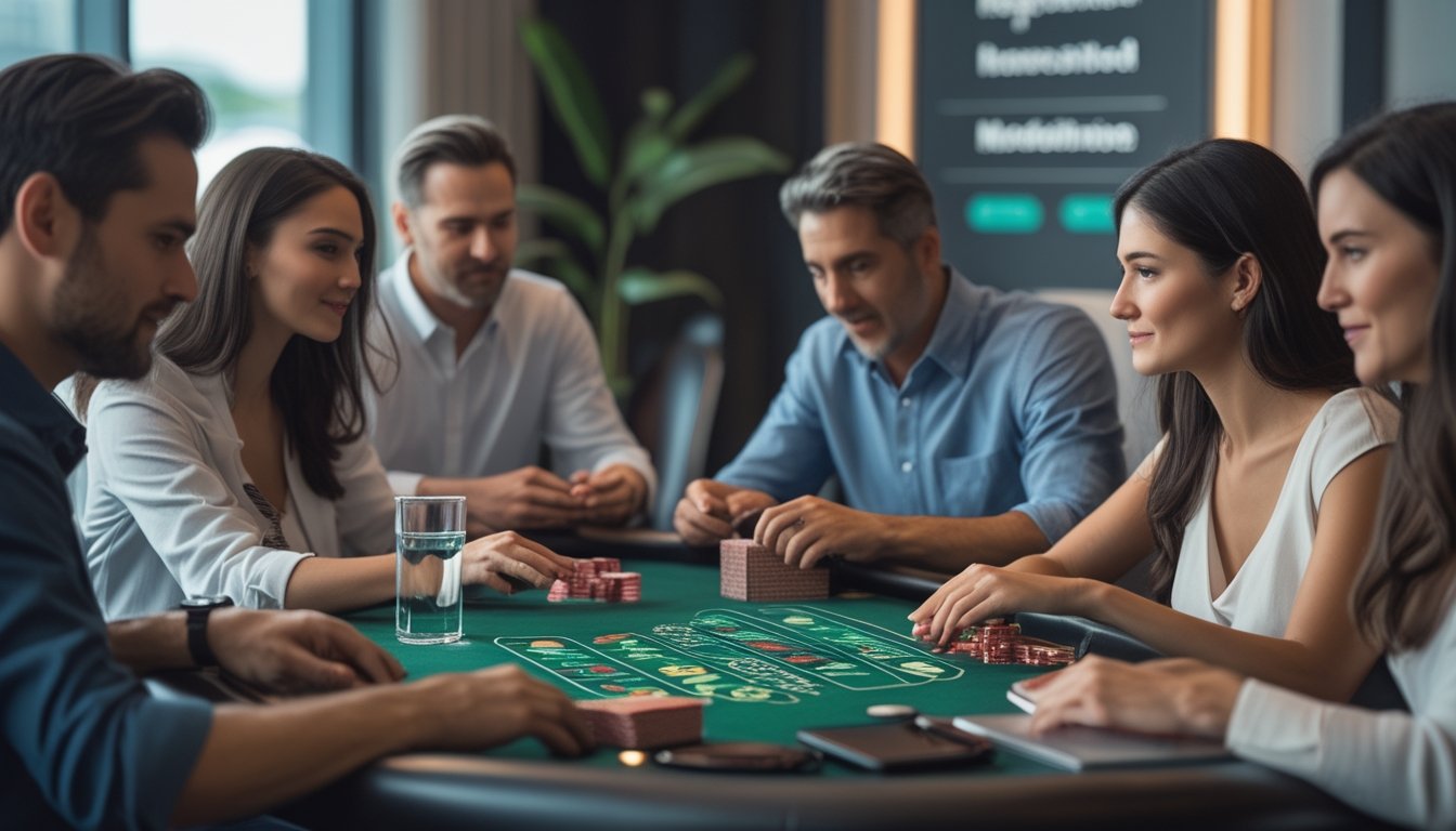 Sekelompok orang dewasa bermain permainan kartu dan roulette dengan ekspresi tenang di ruang bermain yang terang dan modern.