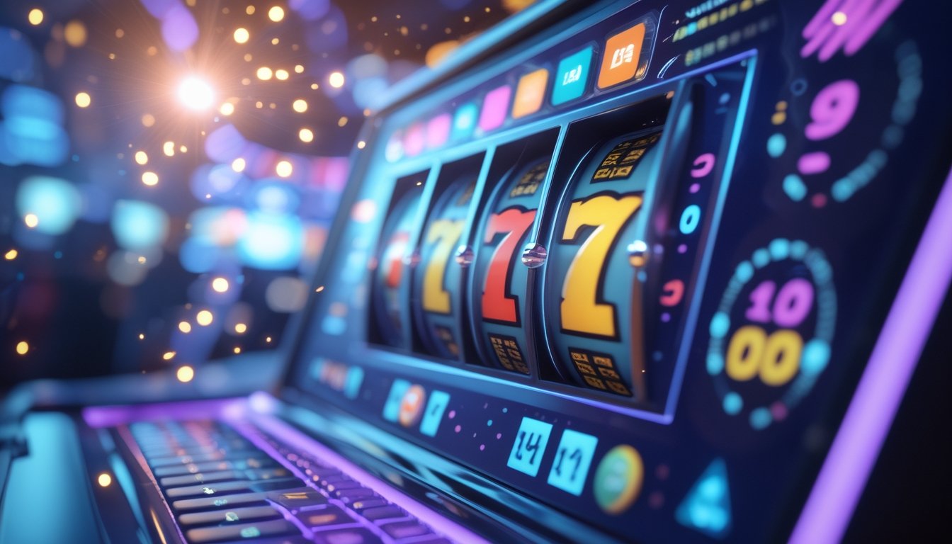 Layar komputer menampilkan gulungan mesin slot berwarna-warni yang sedang berputar di lingkungan kasino digital modern.