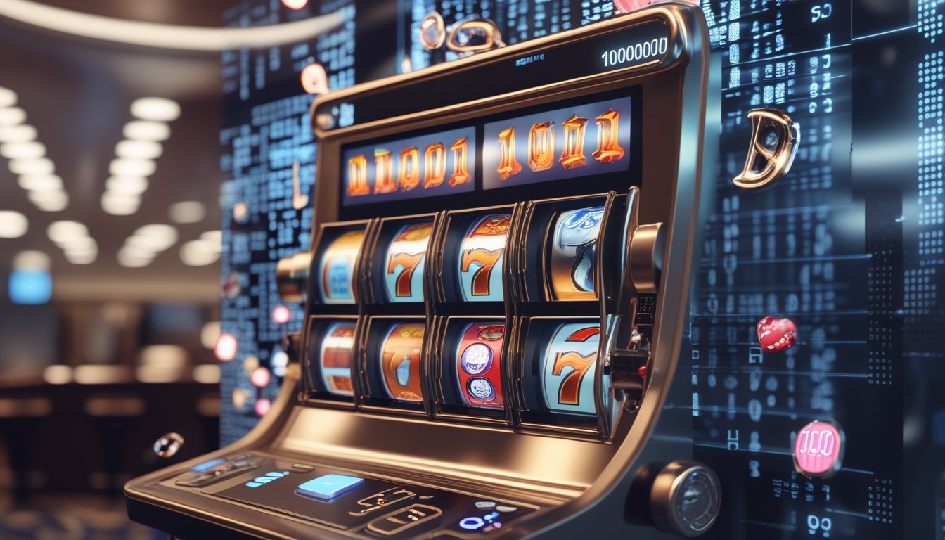 Mesin slot modern dengan gulungan berwarna-warni dan elemen digital abstrak yang melambangkan hasil acak dalam permainan slot online.