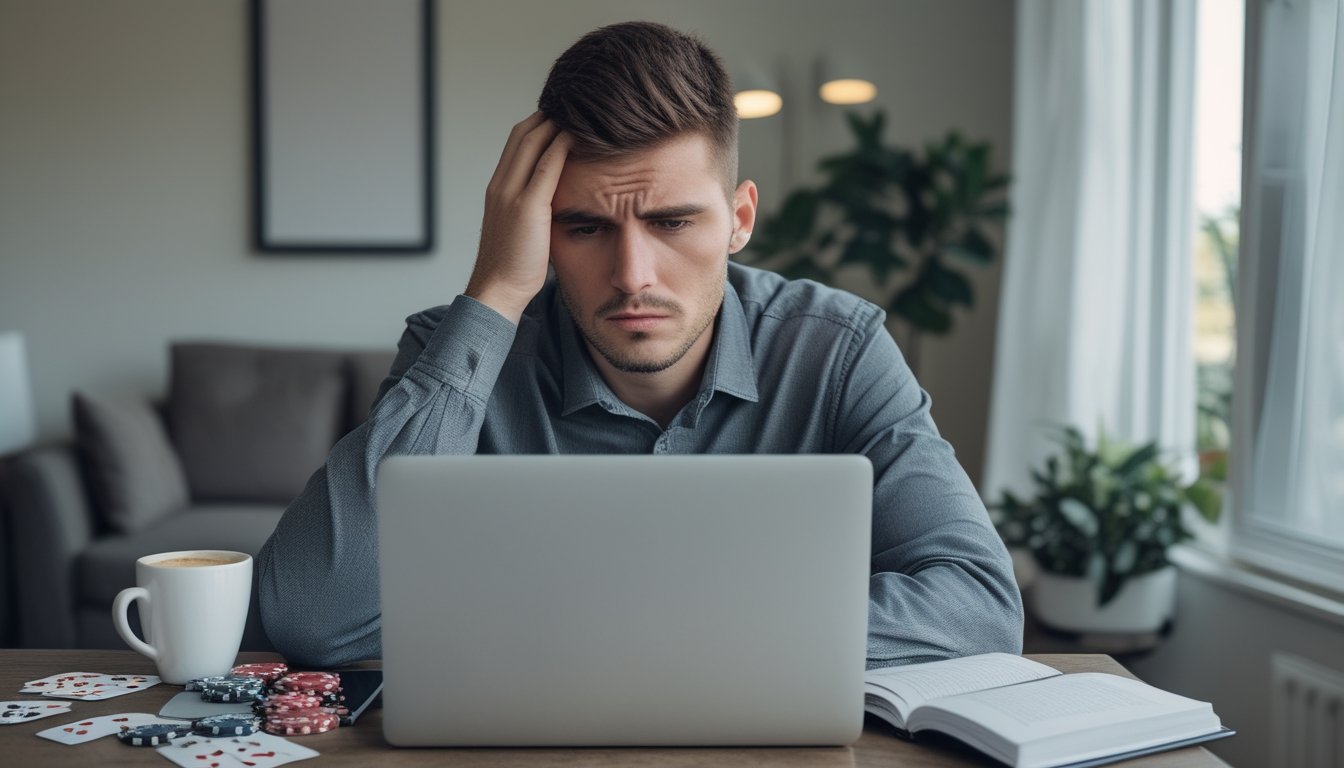 Seorang pria muda duduk di meja dengan laptop dan kartu remi, terlihat sedang berpikir serius dan stres.