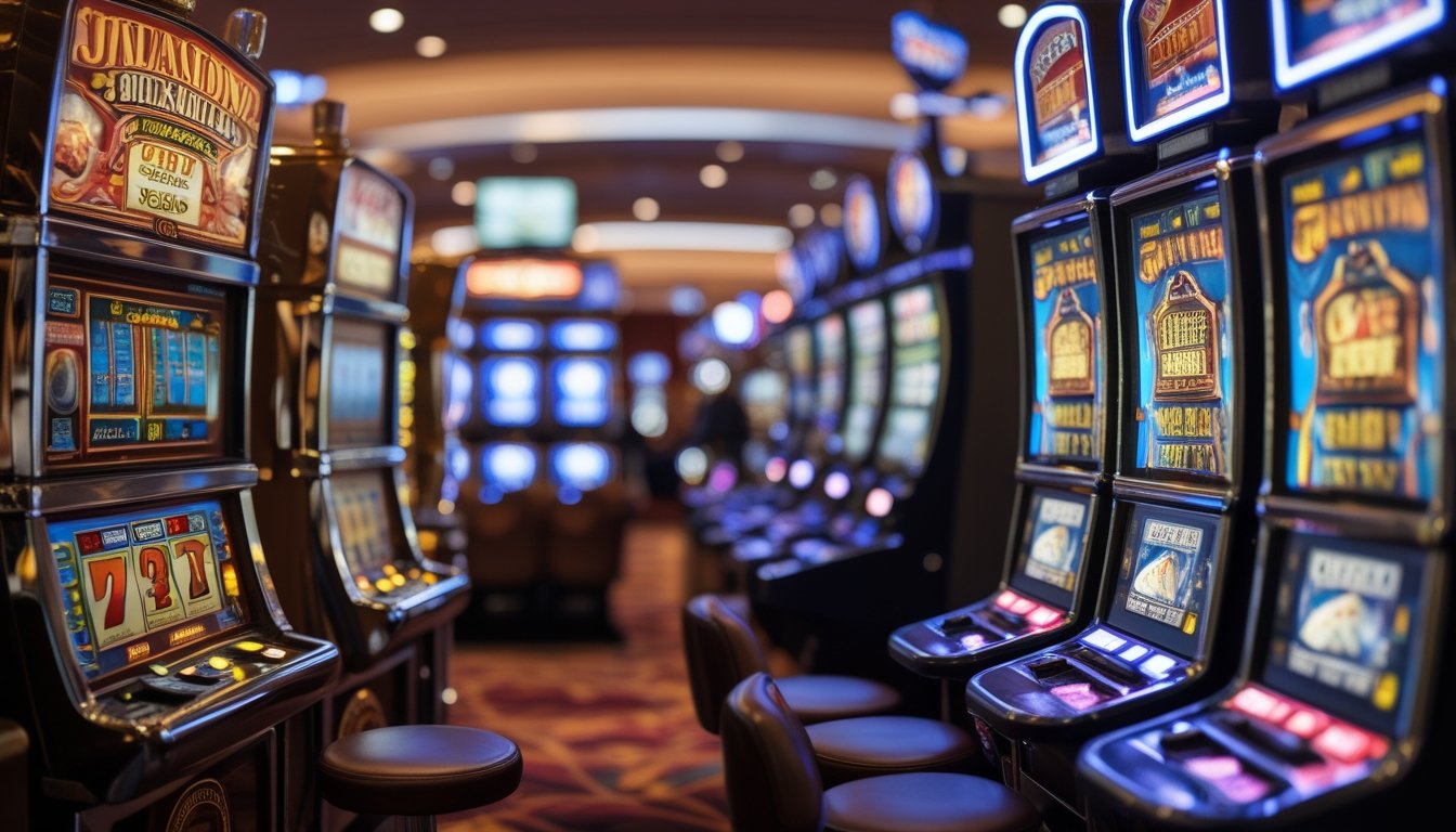 Foto yang menunjukkan perbedaan antara mesin slot tradisional dengan tuas dan mesin slot digital modern dengan layar sentuh di lingkungan kasino.