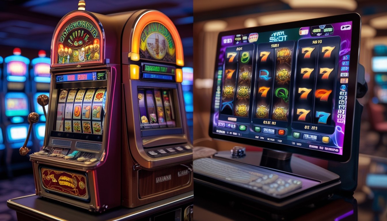 Perbandingan mesin slot tradisional dengan permainan slot digital modern dalam satu gambar.