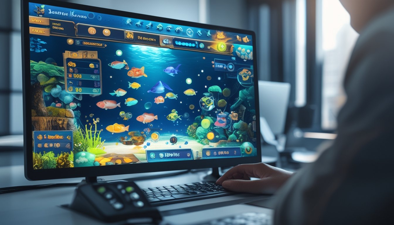 Seseorang menggunakan komputer dengan layar menampilkan permainan menembak ikan online yang penuh warna di lingkungan kerja modern.
