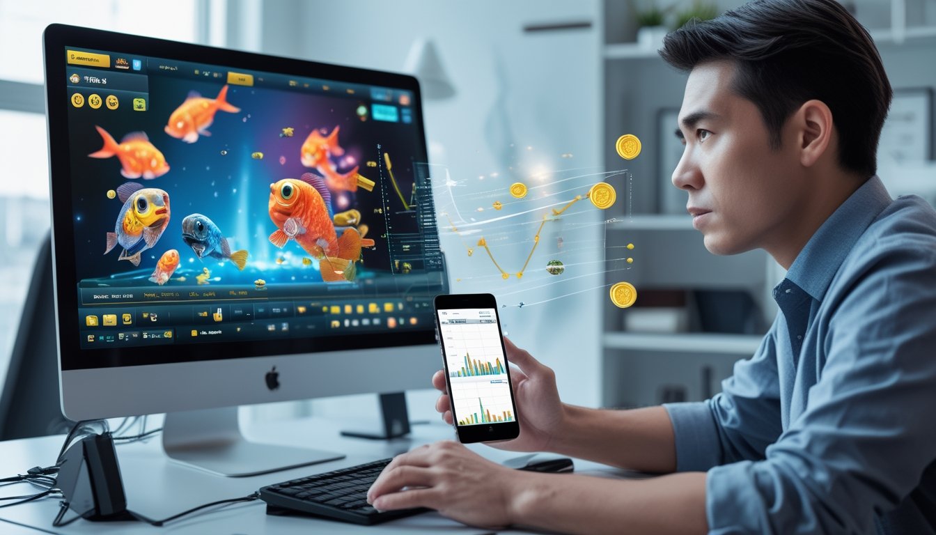 Seorang pria dewasa duduk di depan komputer yang menampilkan permainan tembak ikan online, dengan ponsel di tangan yang menunjukkan grafik keuangan, menggambarkan risiko finansial dalam permainan digital.