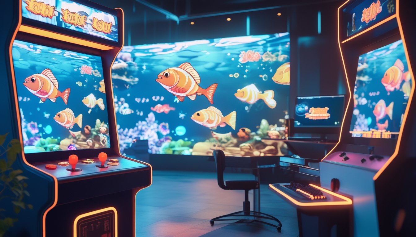 Gambar yang menunjukkan perkembangan permainan tembak ikan dari mesin arcade klasik ke platform digital modern dengan layar besar dan perangkat gaming.