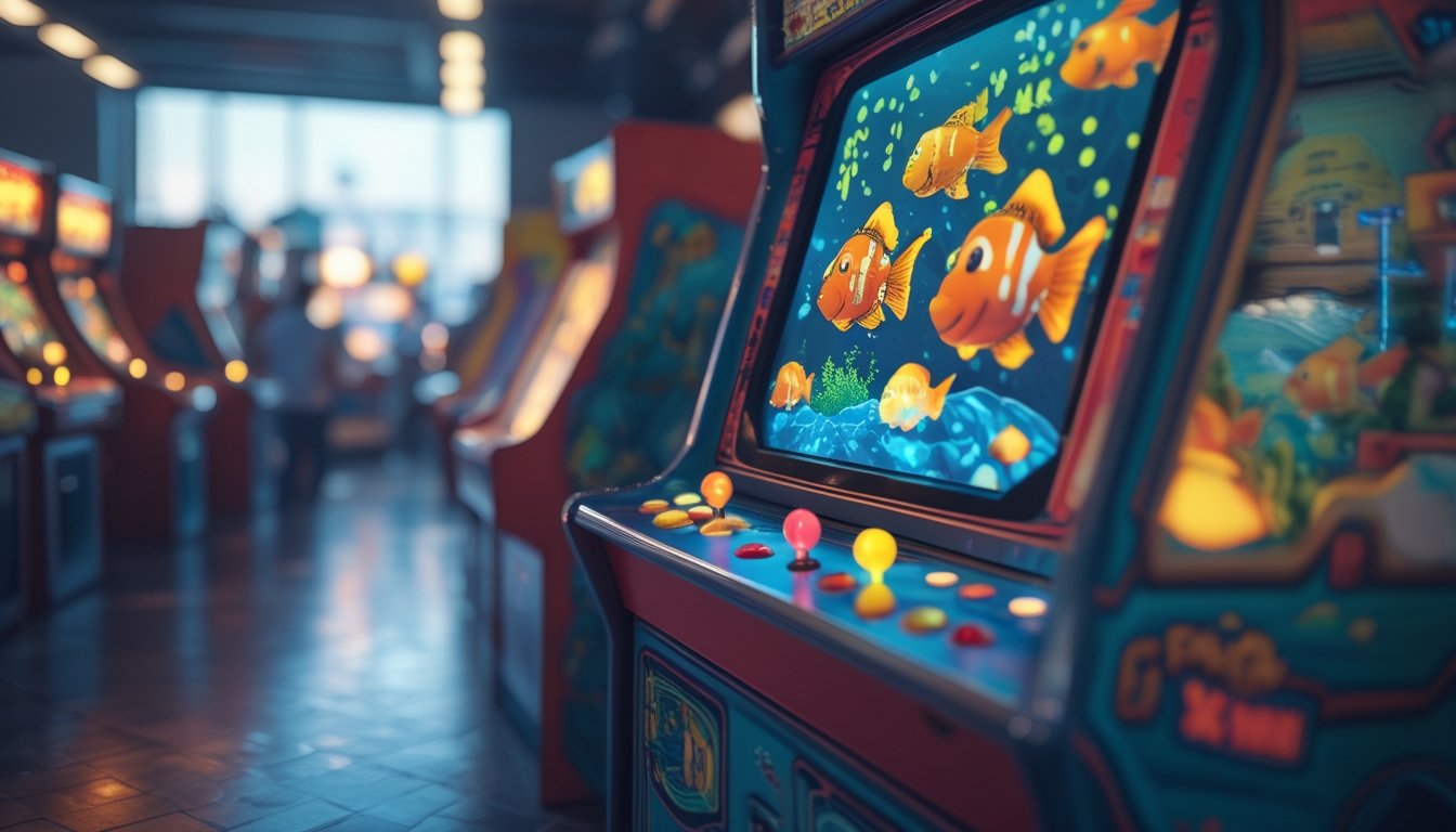 Sebuah mesin arcade klasik dengan permainan tembak ikan yang menyala di layar, berada di dalam ruangan arcade dengan beberapa mesin lain dan pemain di latar belakang.