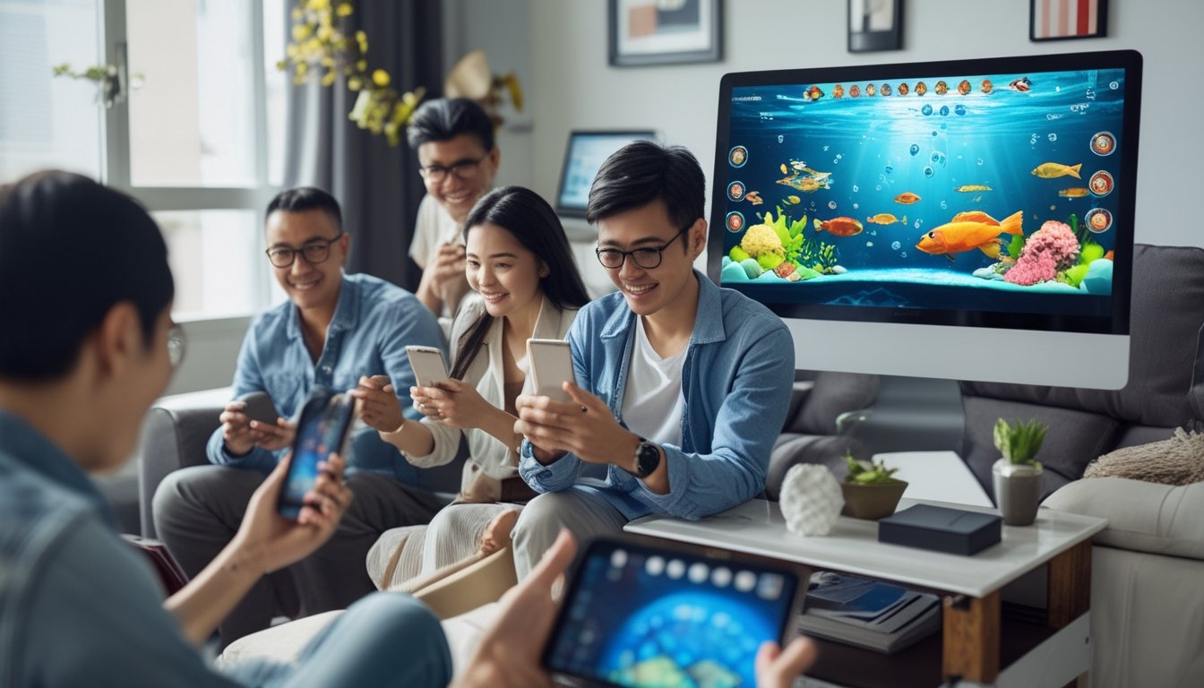 Sekelompok orang dari berbagai negara sedang bermain game tembak ikan secara online di perangkat digital di dalam ruang tamu modern.
