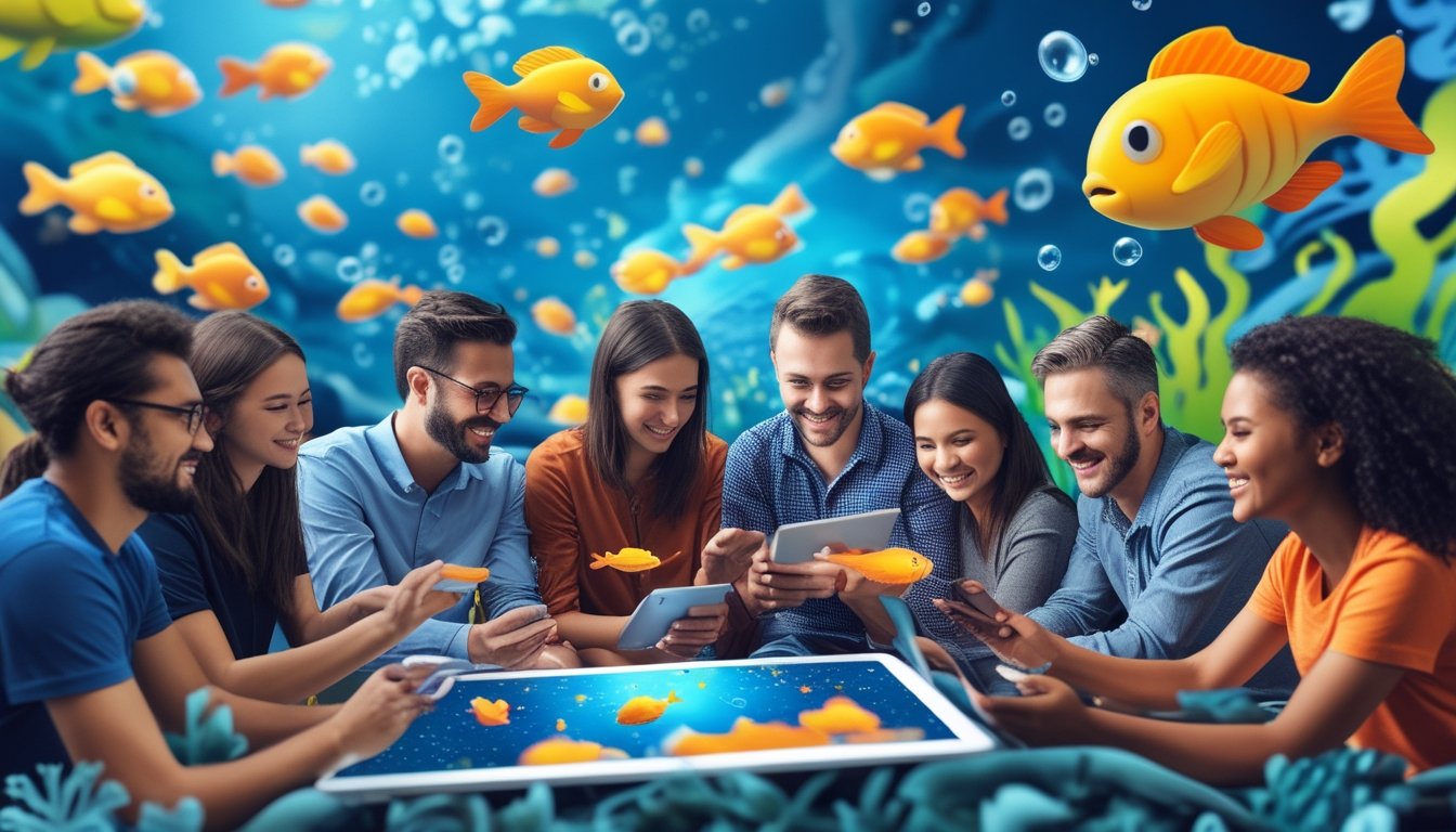 Sekelompok orang dari berbagai negara sedang bermain game tembak ikan secara online menggunakan perangkat digital dengan latar belakang elemen bawah laut berwarna-warni.
