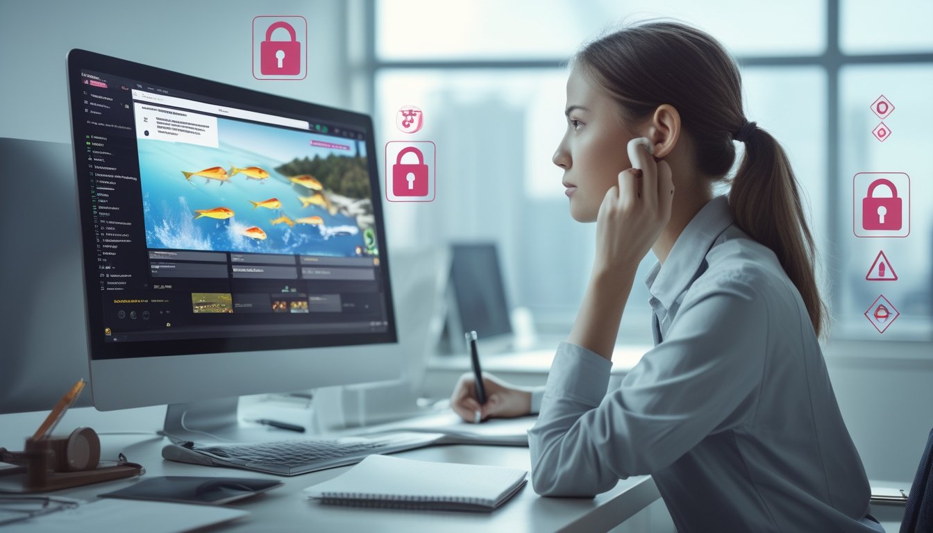 Seseorang duduk di meja modern sambil melihat layar laptop yang menampilkan permainan ikan online dengan ekspresi fokus dan waspada.